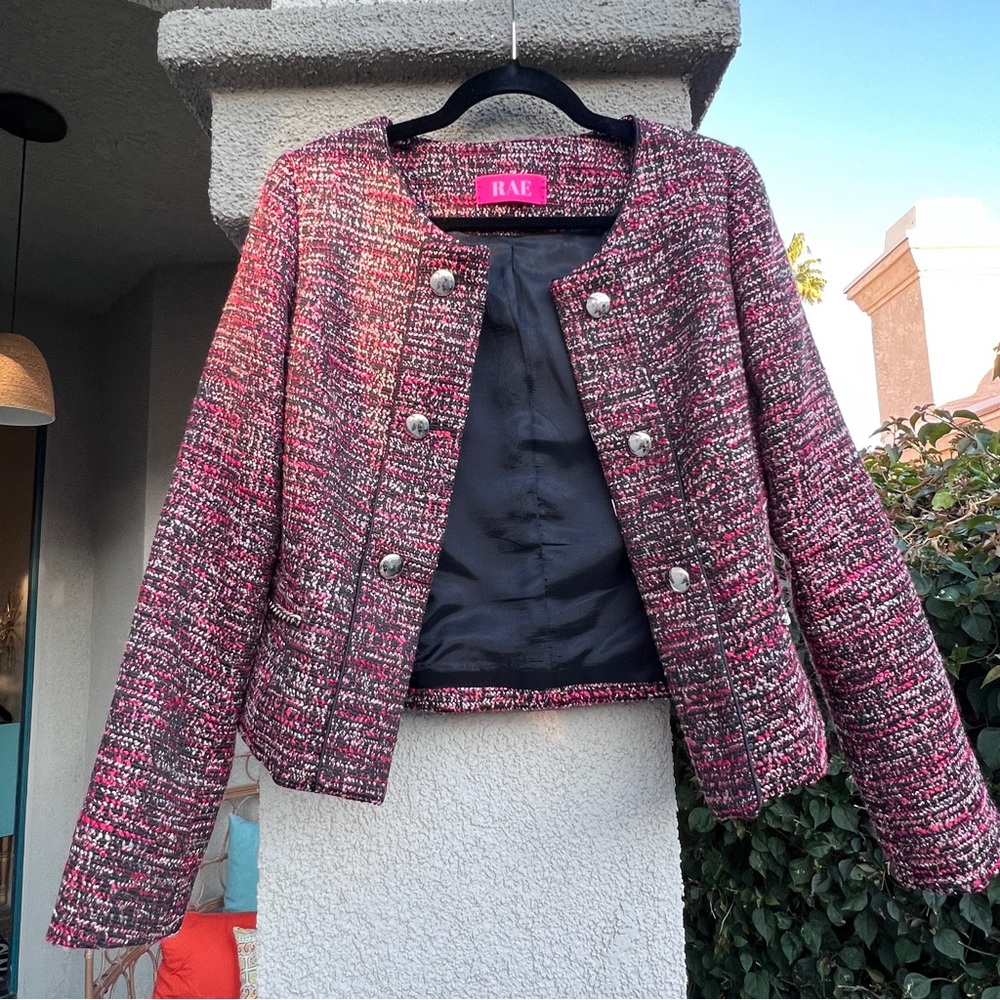 Upcycled red black pink tweed blazer silver details